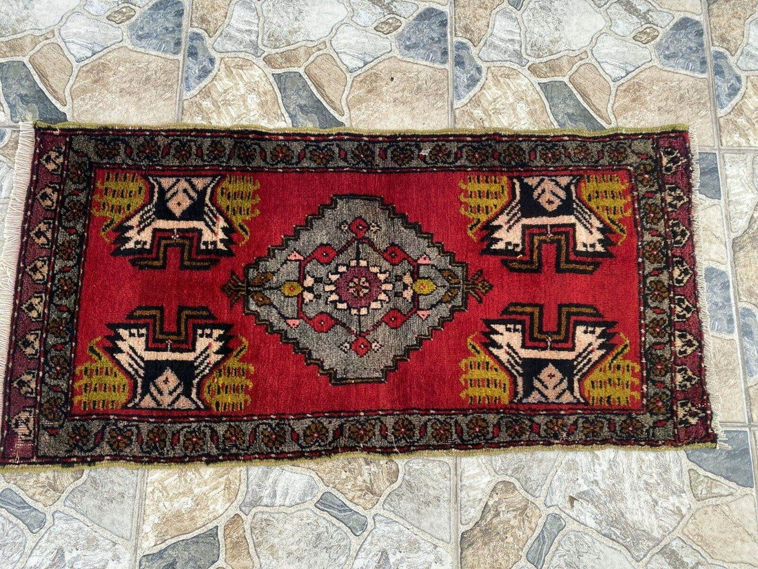 Vintage Rug | Antique Small Wool Farmhouse Anatolian Handmade Turkish 1.7x3.4ft