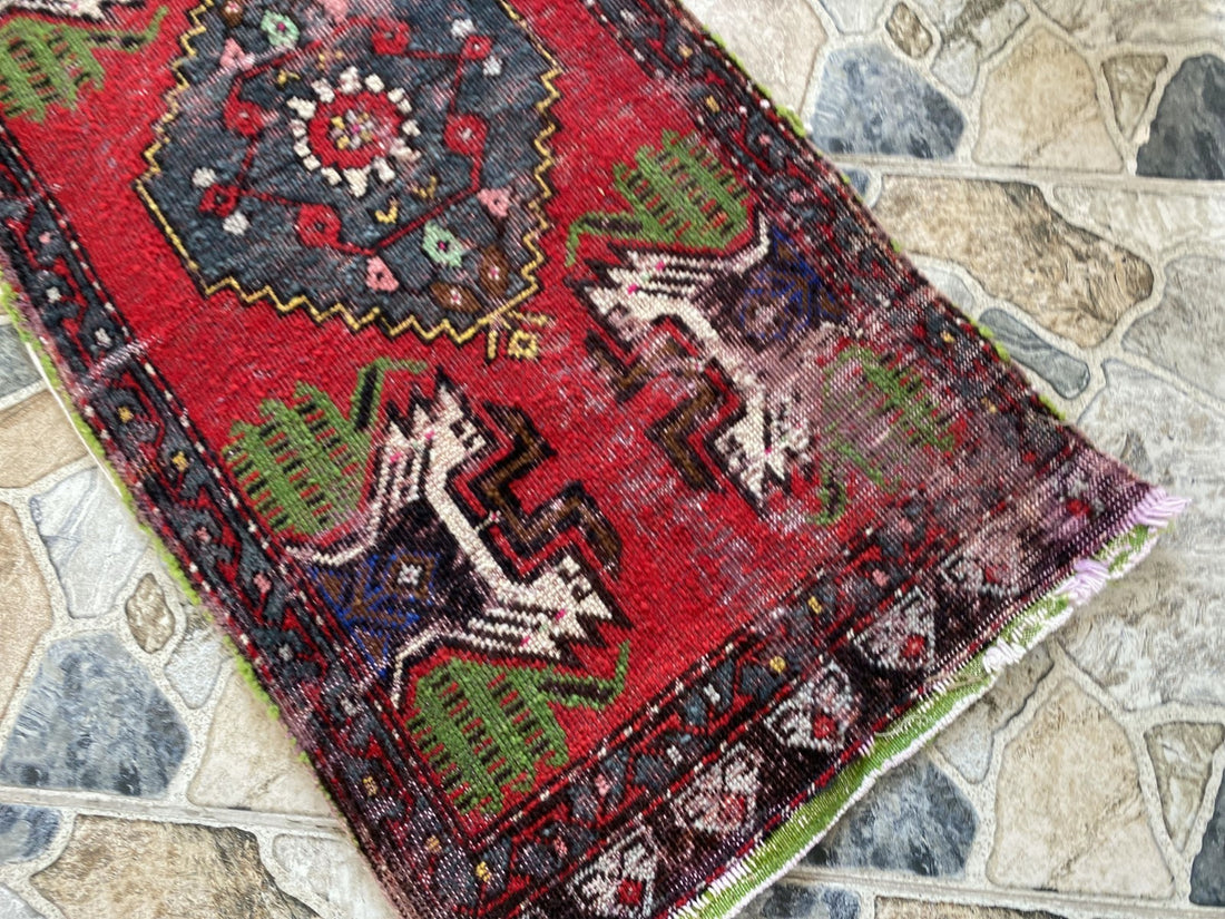 Vintage Turkish Small Rug | 1.6 x 3.3 ft Hand-Knotted Wool | Red Geometric Mat