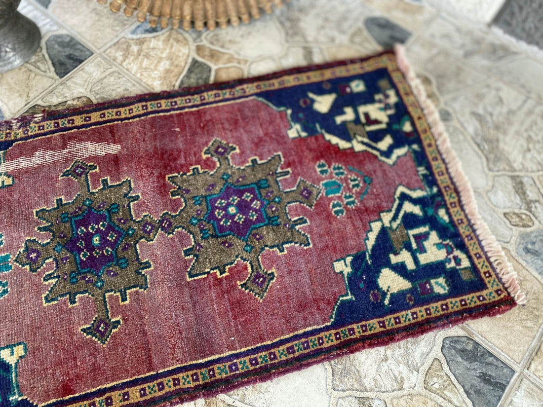 Vintage Turkish Oushak Rug, 1x3 ft Terracotta Handmade Wool Antique Tribal Small