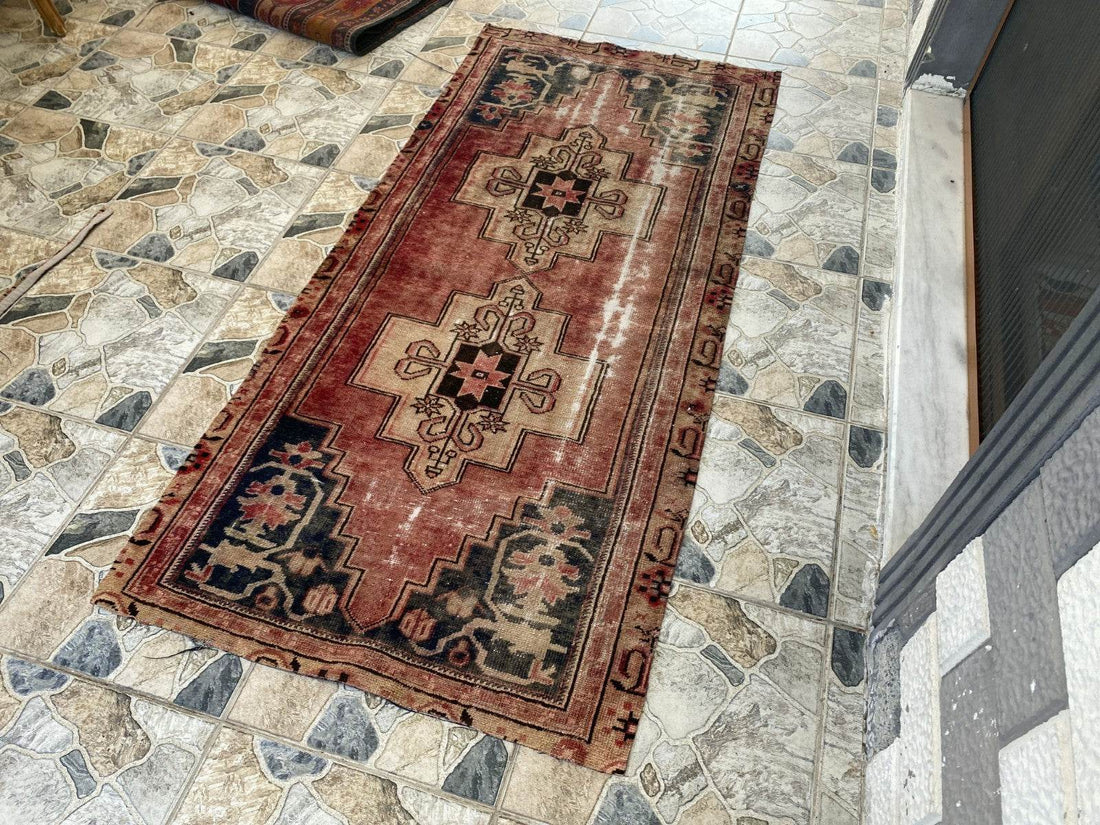 Vintage Anatolian Area Rug | 3.0x6.7 ft Hand-Knotted Wool Faded Rustic Geometric