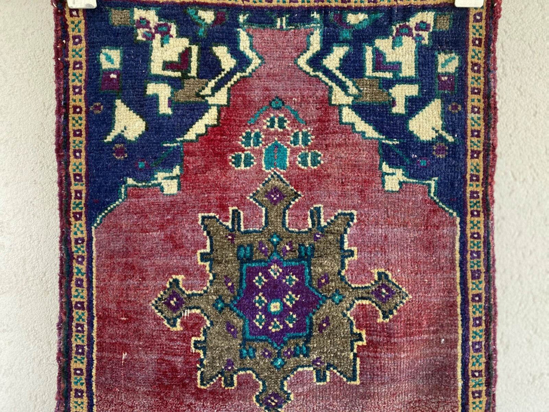 Vintage Turkish Oushak Rug, 1x3 ft Terracotta Handmade Wool Antique Tribal Small