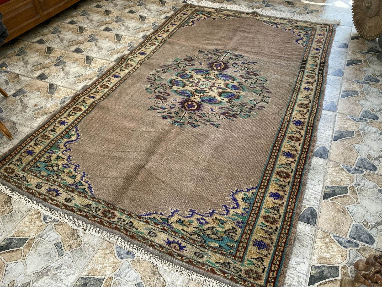 Vintage Turkish Rug | 5.4 x 8.7 ft Hand-Knotted Wool Faded Pastel Anatolian Rug