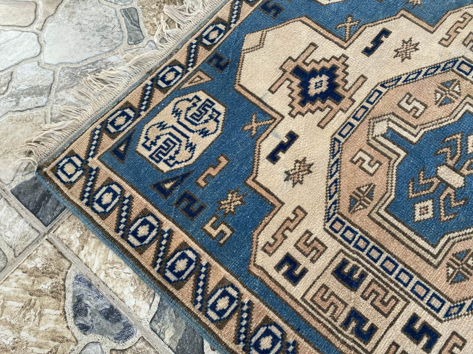 Vintage Turkish Wool Rug, Hand-Knotted Antique Geometric Oushak Small Runner 2x4