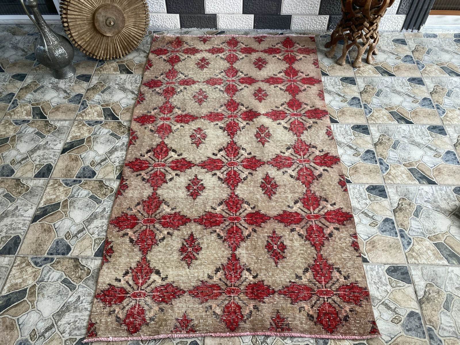 Vintage Turkish Area Rug 4x7 ft | Hand-Knotted Wool Carpet Bold Geometric Tribal