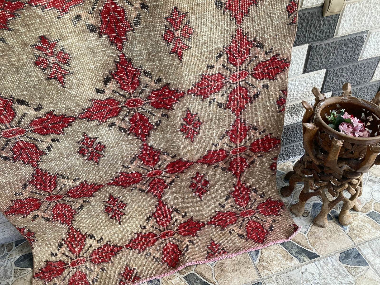 Vintage Turkish Area Rug 4x7 ft | Hand-Knotted Wool Carpet Bold Geometric Tribal