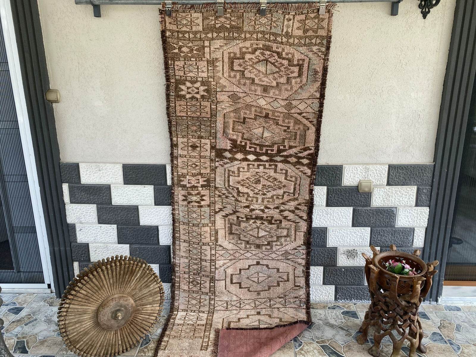 Vintage Kurdish Herki Rug | 1960s Brown Anatolian Hand-Knotted Wool Runner Rug