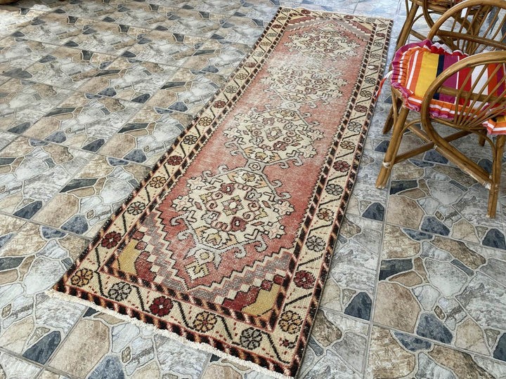 Vintage Turkish Wool Rug, Bohemian Geometric Farmhouse Handmade Runner Rug 3x9ft
