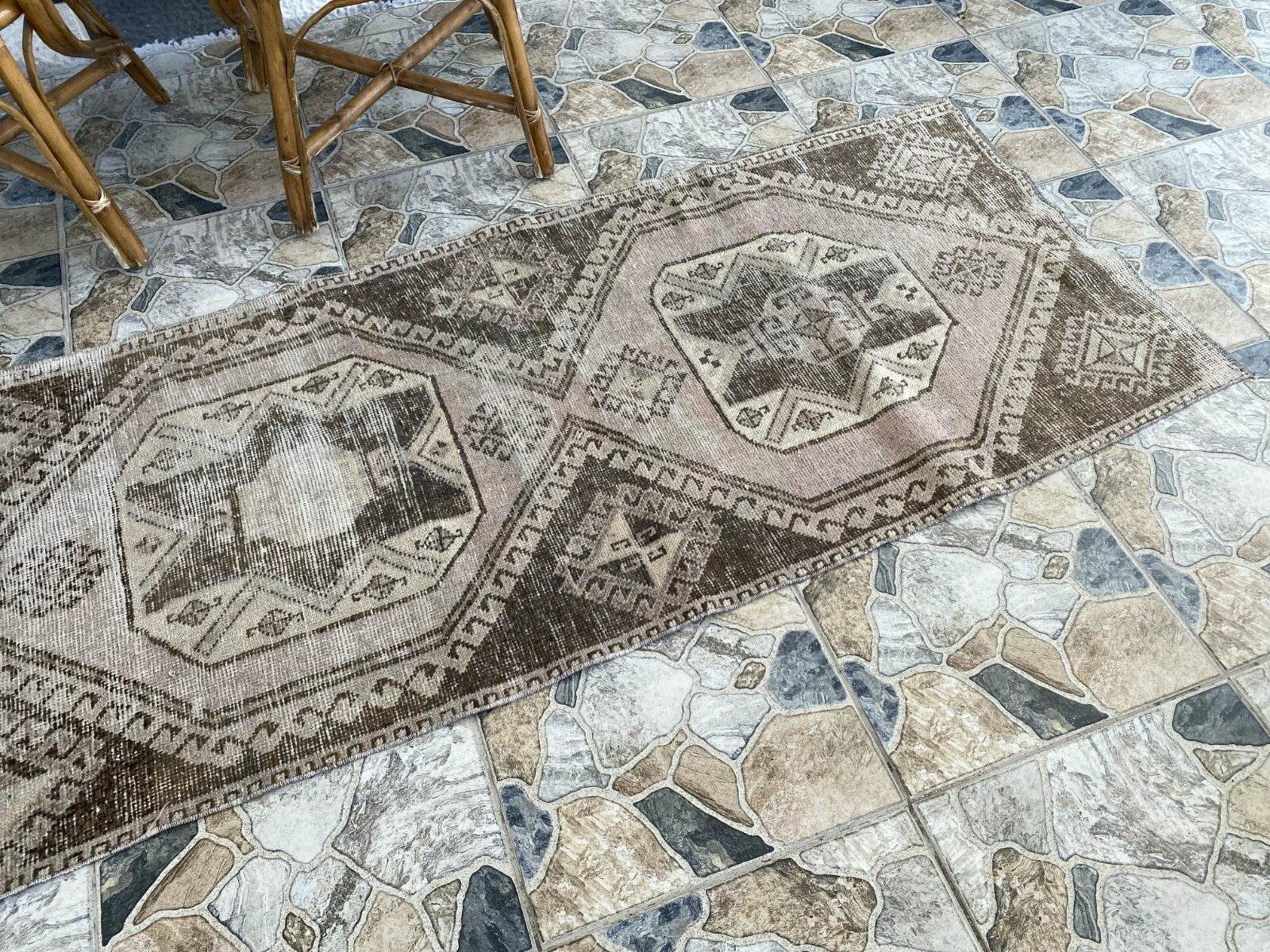 Vintage Handmade Turkish Runner Rug, 2.6x8.5 ft Brown Tribal Wool Hallway Carpet