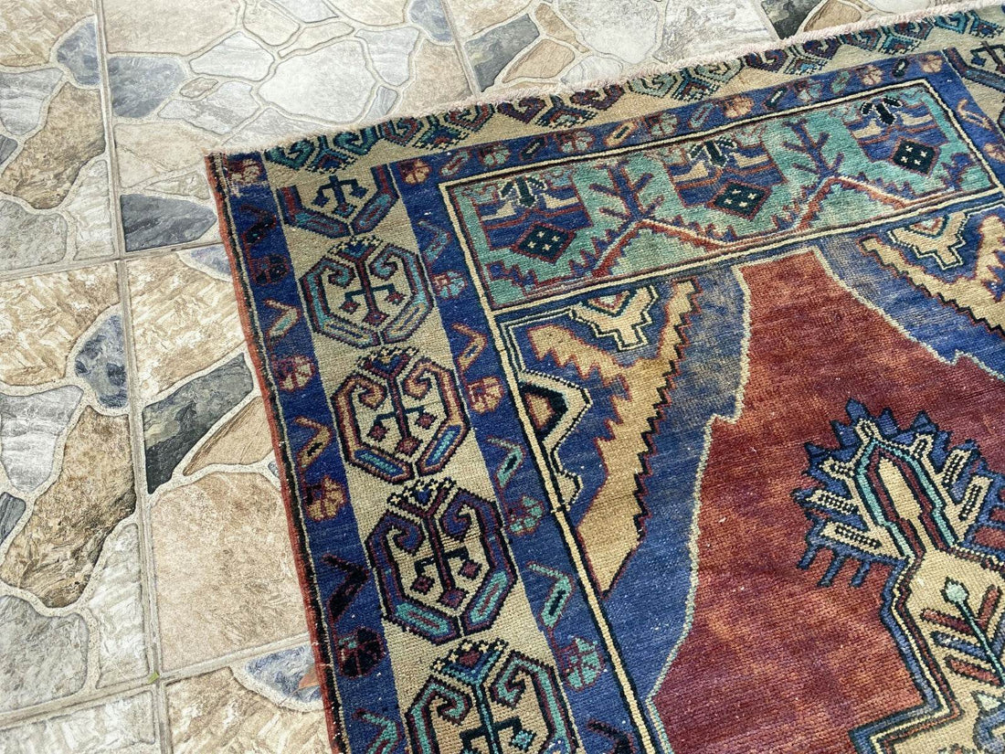 Pre 1950's Vintage Turkish Rug | Antique Tribal Handmade Wool Carpet 3.9x7.1 ft