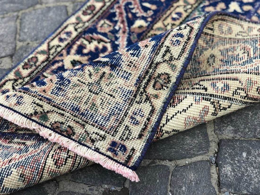 Vintage Turkish Oushak Rug | 3x11.7 ft| Antique Blue Wool Handmade Runner Carpet