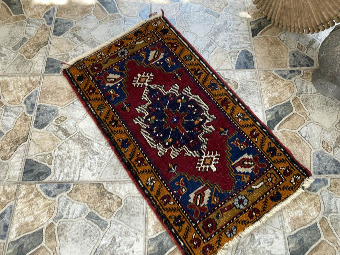 Small Anatolian Rug | 1.7 x 2.9 ft Vintage Hand-Knotted Wool Faded Geometric Rug