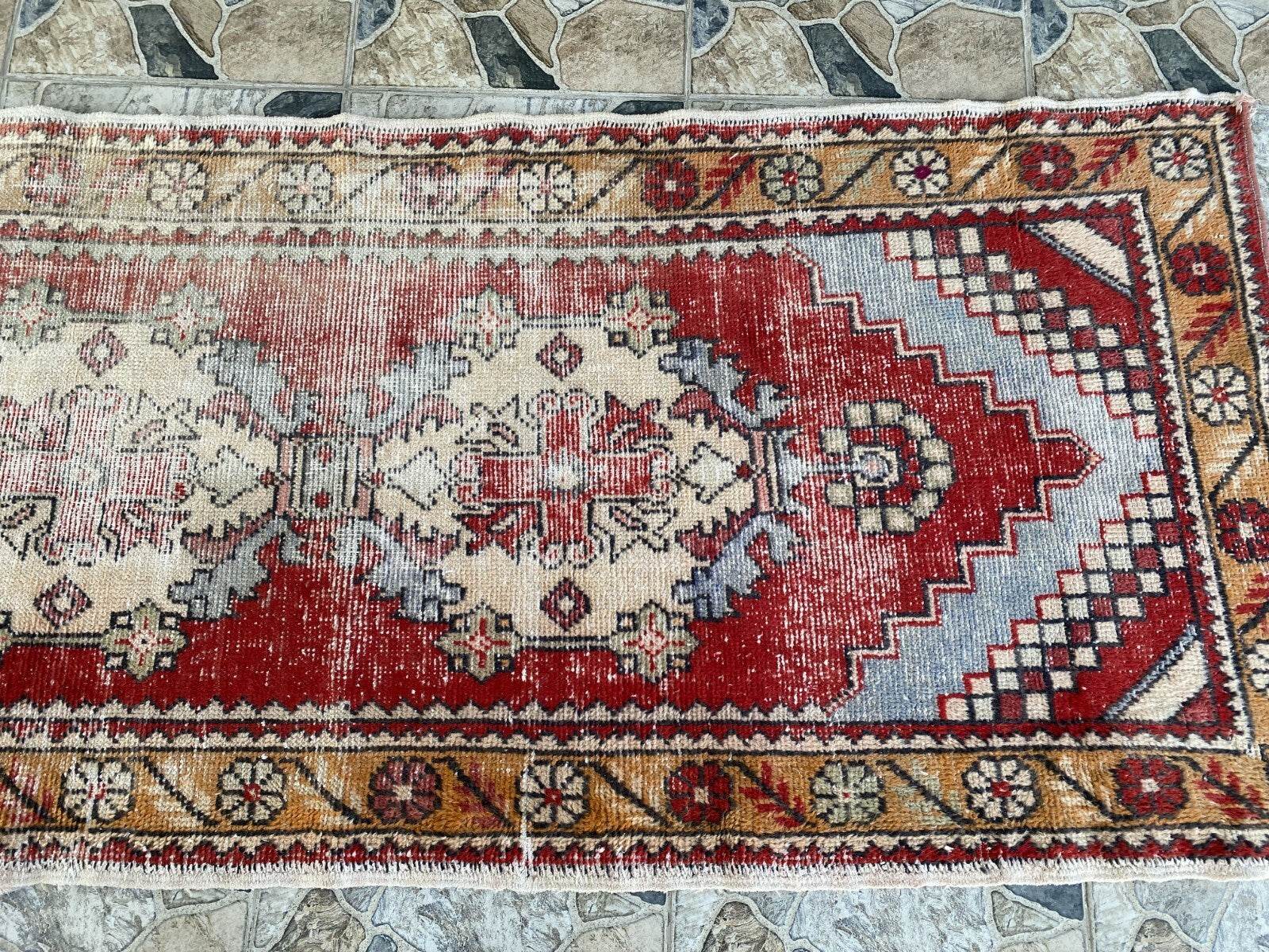 Vintage Turkish Oushak Rug, 3 x 9 ft Red Handmade Wool Antique Tribal Runner Rug