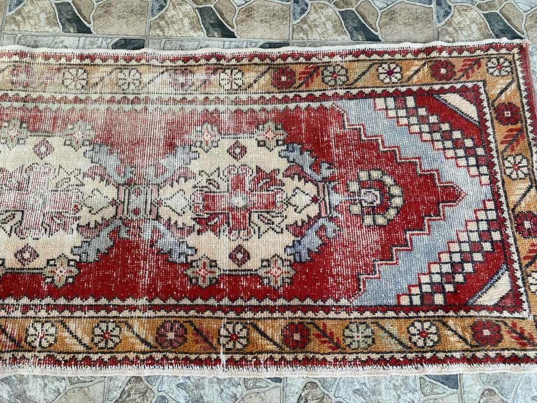 Vintage Turkish Oushak Rug, 3 x 9 ft Red Handmade Wool Antique Tribal Runner Rug