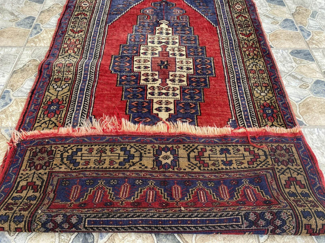Vintage Turkish Oushak Rug 3x7 ft | Hand-Knotted Wool Anatolian Red Antique Rug