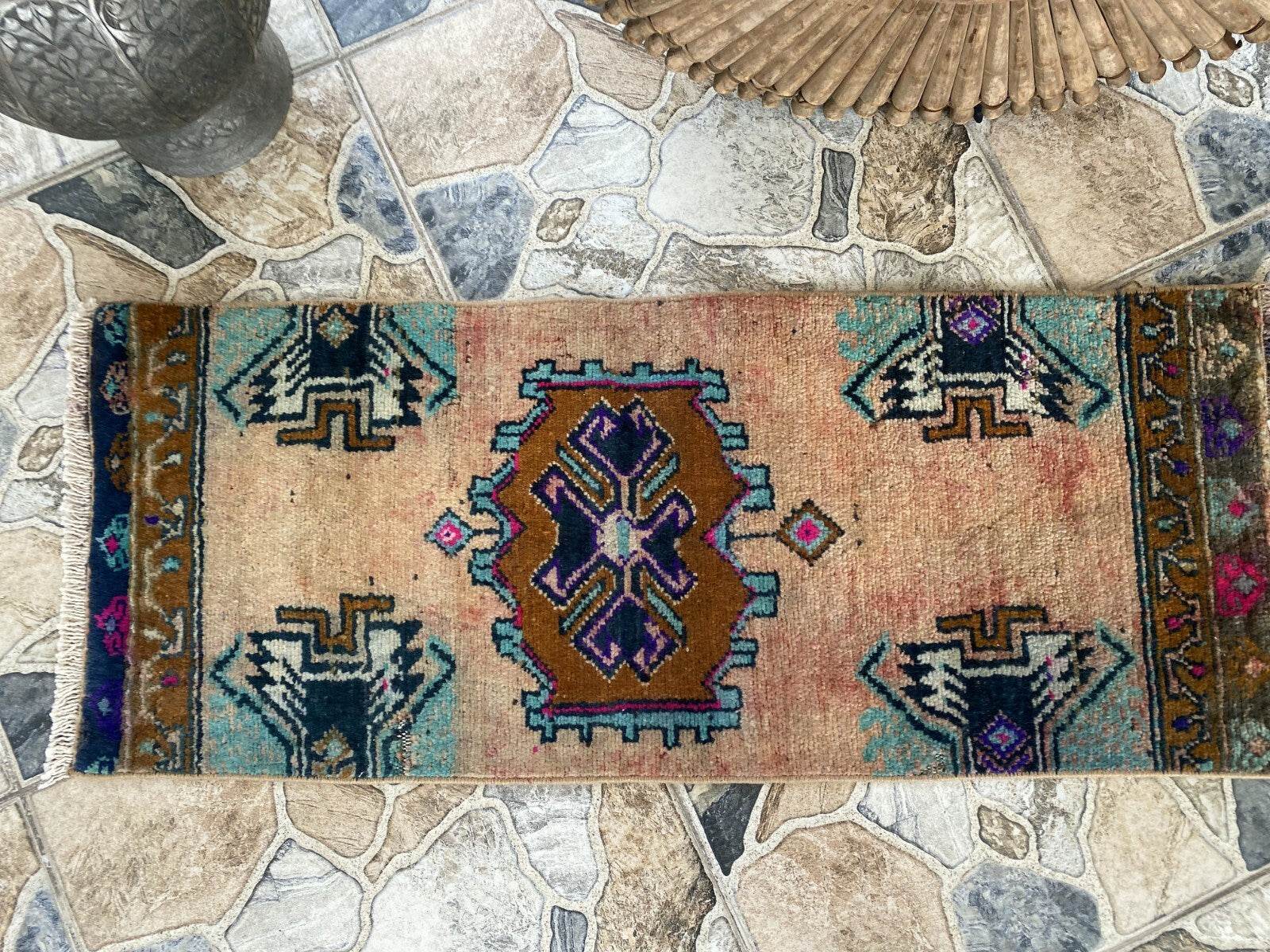 Vintage Turkish Rug 1.2x3 ft Tribal Medallion Hand-Knotted Wool Small 1970s Rug