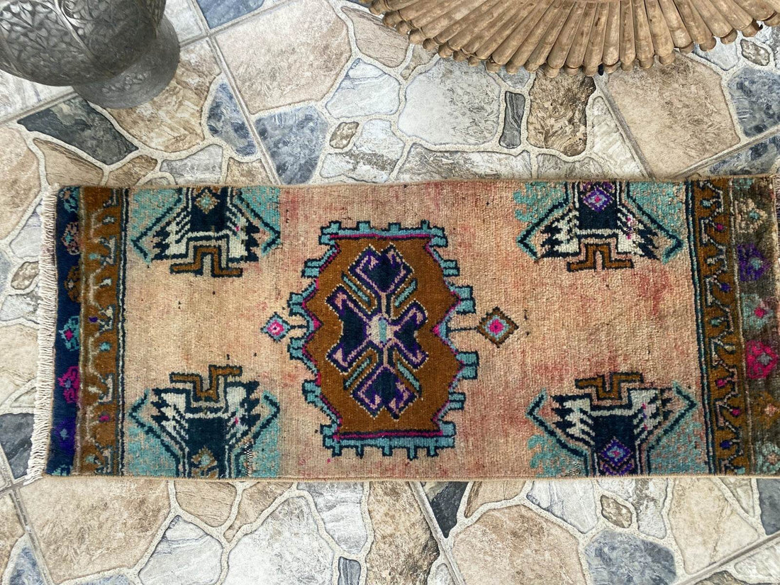 Vintage Turkish Rug 1.2x3 ft Tribal Medallion Hand-Knotted Wool Small 1970s Rug