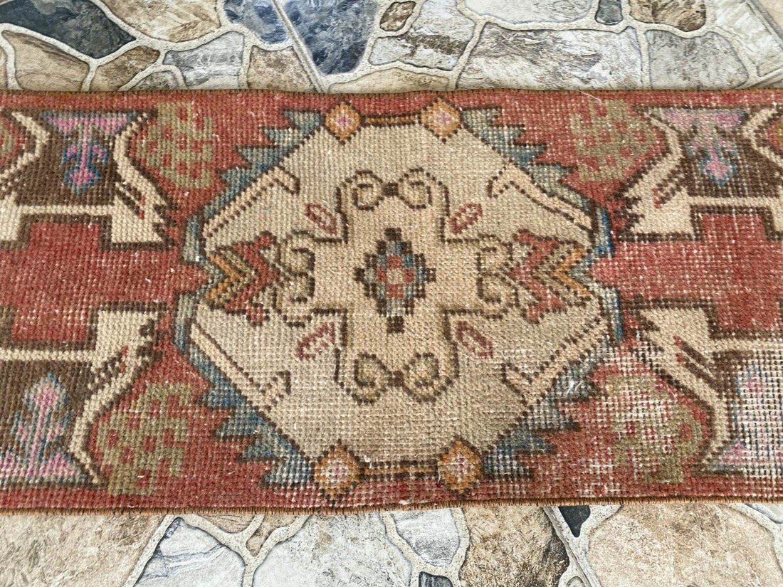 Vintage Turkish Wool Rug, Hand-Knotted Antique Geometric Oushak Small Runner 1x3