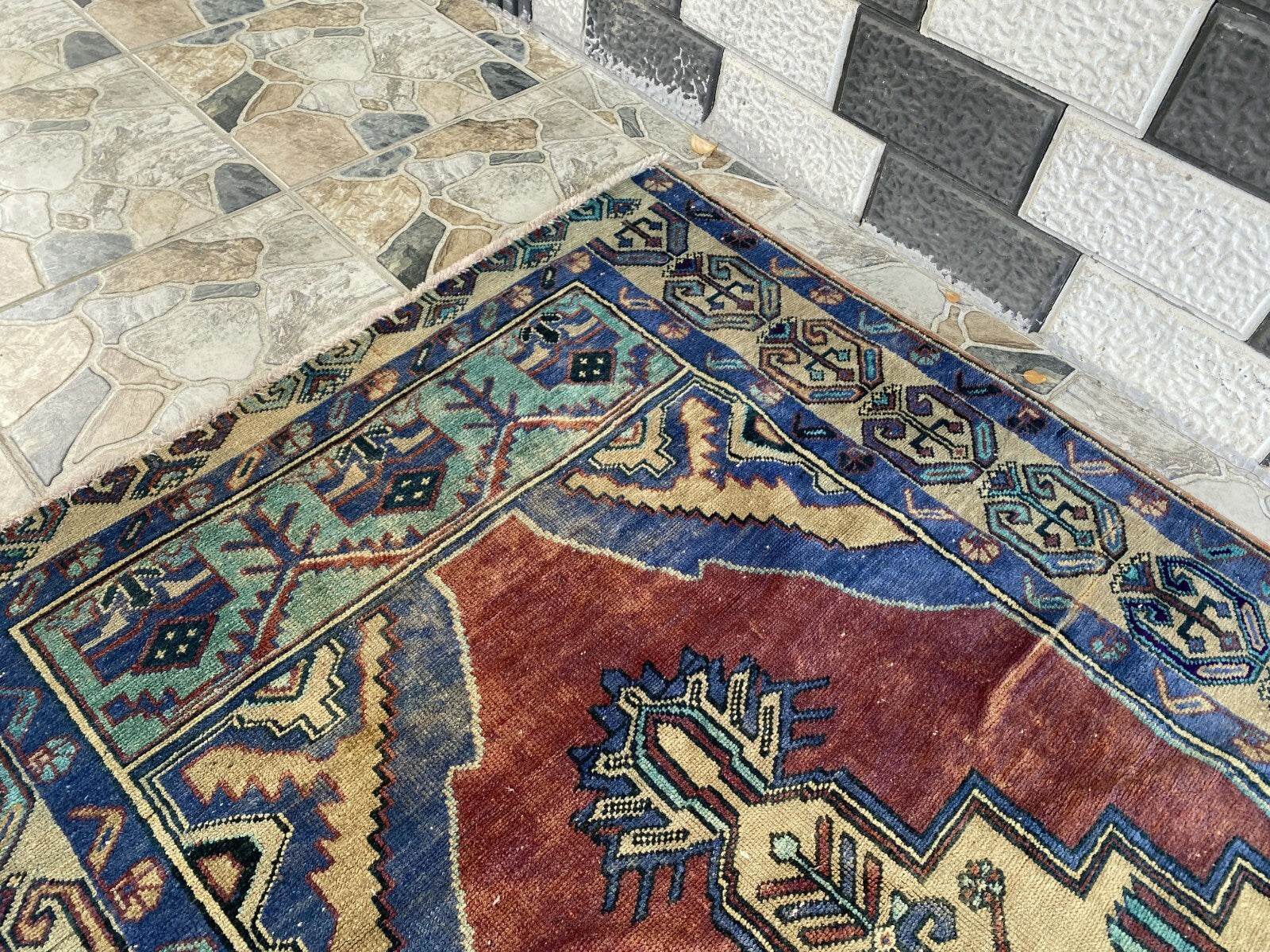 Pre 1950's Vintage Turkish Rug | Antique Tribal Handmade Wool Carpet 3.9x7.1 ft