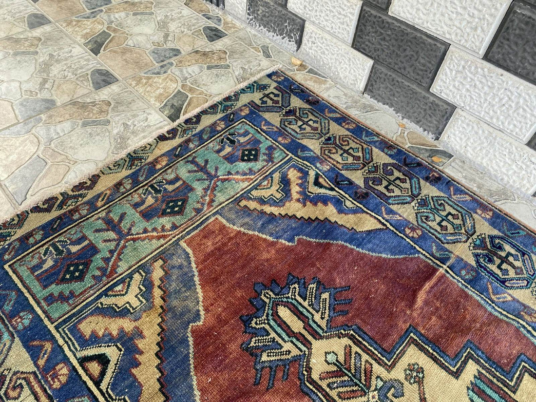 Pre 1950's Vintage Turkish Rug | Antique Tribal Handmade Wool Carpet 3.9x7.1 ft