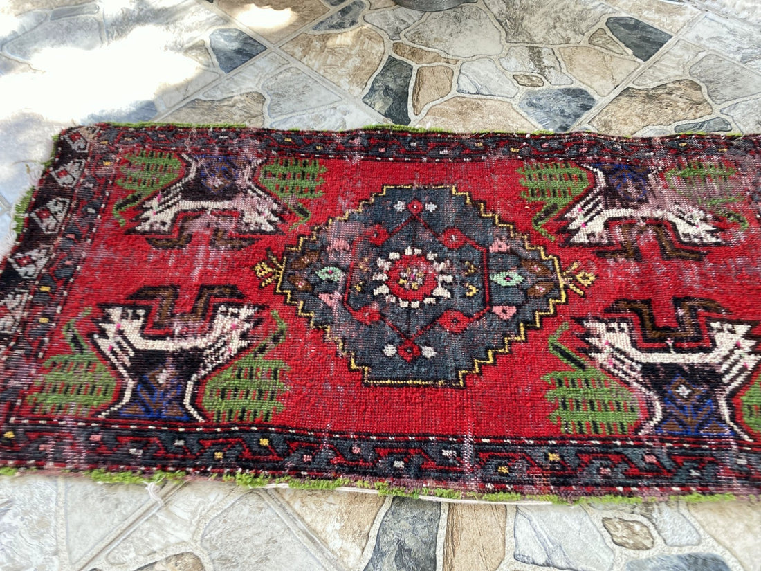 Vintage Turkish Small Rug | 1.6 x 3.3 ft Hand-Knotted Wool | Red Geometric Mat