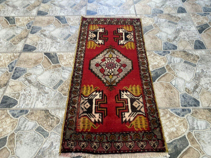 Vintage Rug | Small AntiqueWool Farmhouse Anatolian Handmade Turkish 1.7x3.5ft