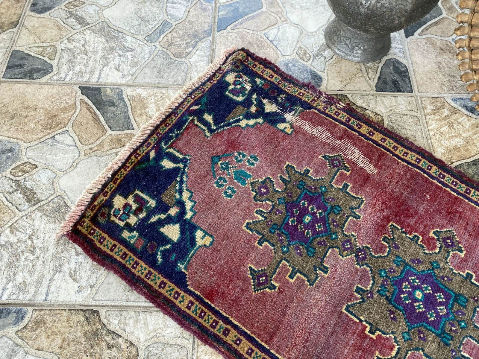 Vintage Turkish Oushak Rug, 1x3 ft Terracotta Handmade Wool Antique Tribal Small