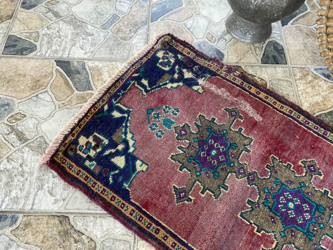 Vintage Turkish Oushak Rug, 1x3 ft Terracotta Handmade Wool Antique Tribal Small