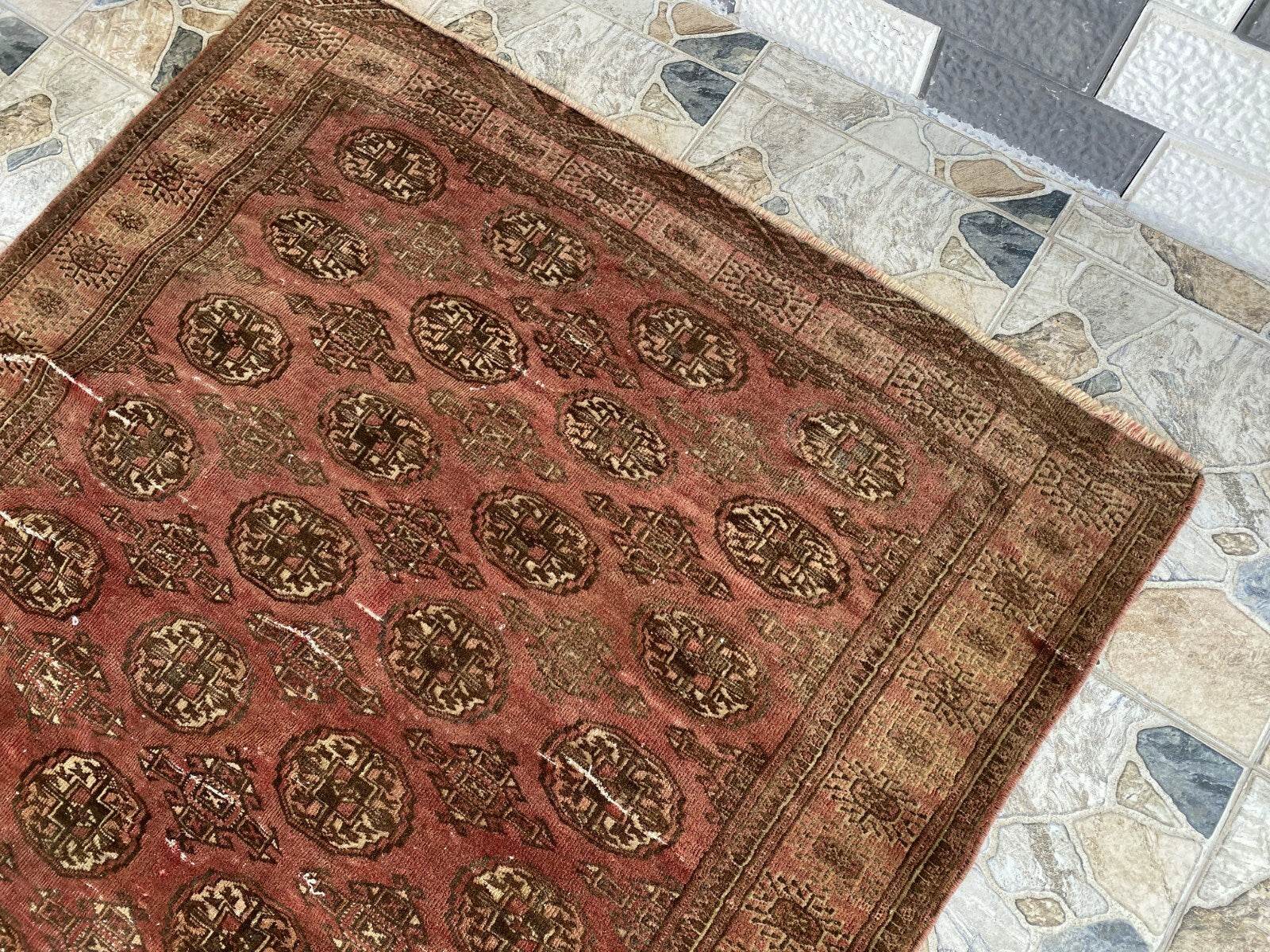 VINTAGE RUG HAND-KNOTTED Afghan Style BUKHARA handmade wool RED antique farmhouse rug