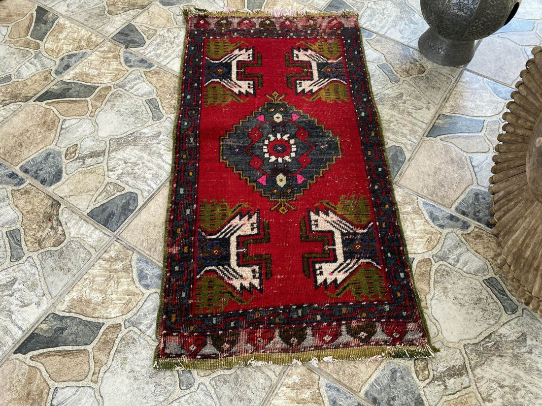 Vintage Turkish Wool Rug, Hand-Knotted Antique Geometric Oushak Small Runner 1x3