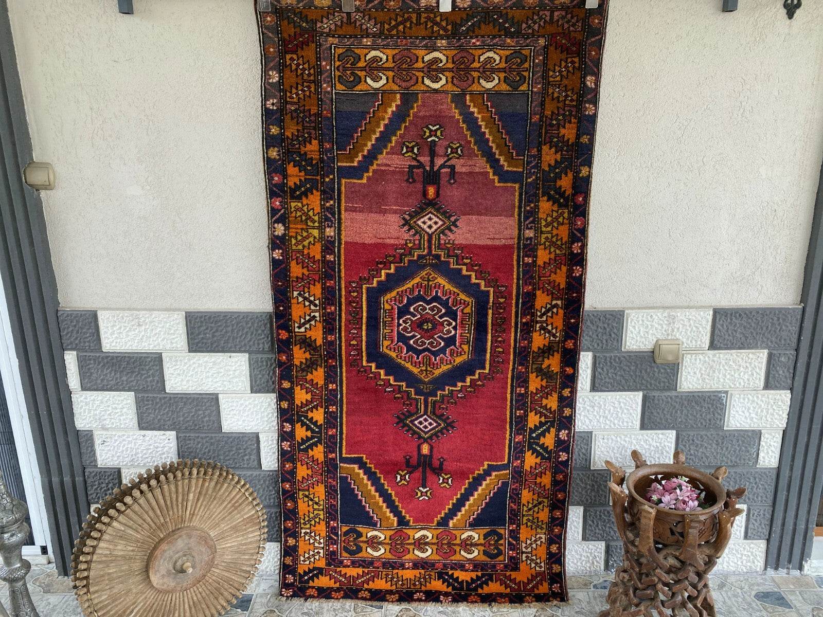 Geometric Turkish Vintage Rug, Farmhouse Handmade Anatolian Village Rug 3x6 ft