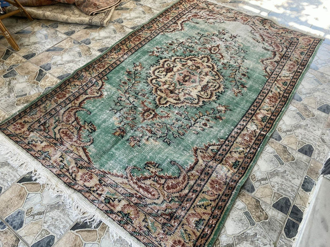 Vintage Hand-Knotted Wool Rug | 5.1 x 8.0 ft Anatolian Area Carpet Faded Rustic