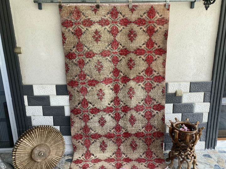 Vintage Turkish Area Rug 4x7 ft | Hand-Knotted Wool Carpet Bold Geometric Tribal