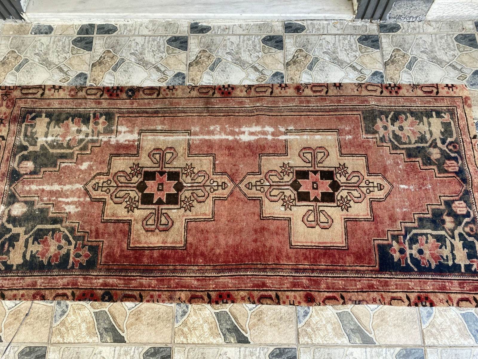 Vintage Anatolian Area Rug | 3.0x6.7 ft Hand-Knotted Wool Faded Rustic Geometric