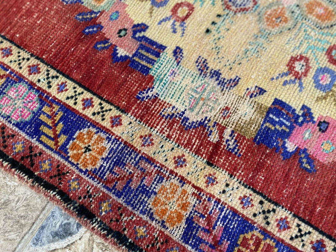 Geometric Turkish Vintage Rug, Tribal Handmade Anatolian Village Rug 3.3x6.8 ft