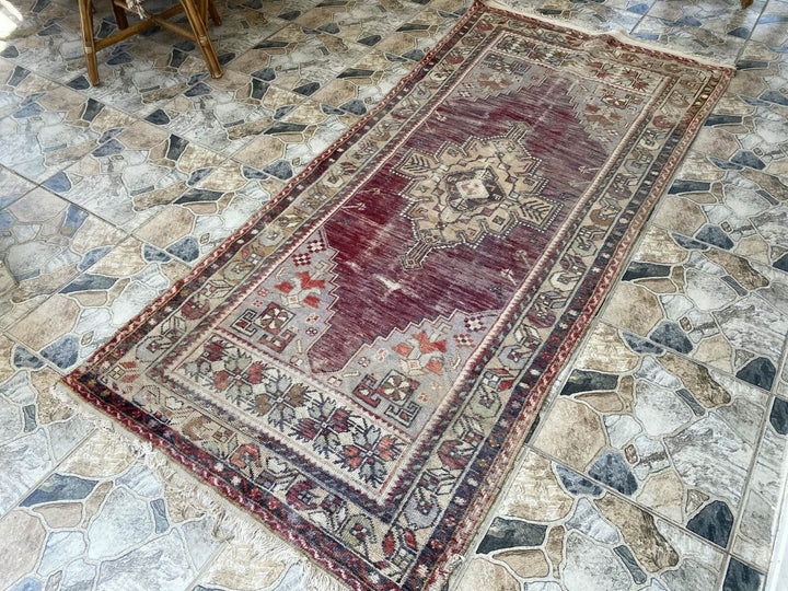 Turkish Vintage Rug Oushak Wool Geometric Handmade Antique Farmhouse 3.8x8 ft