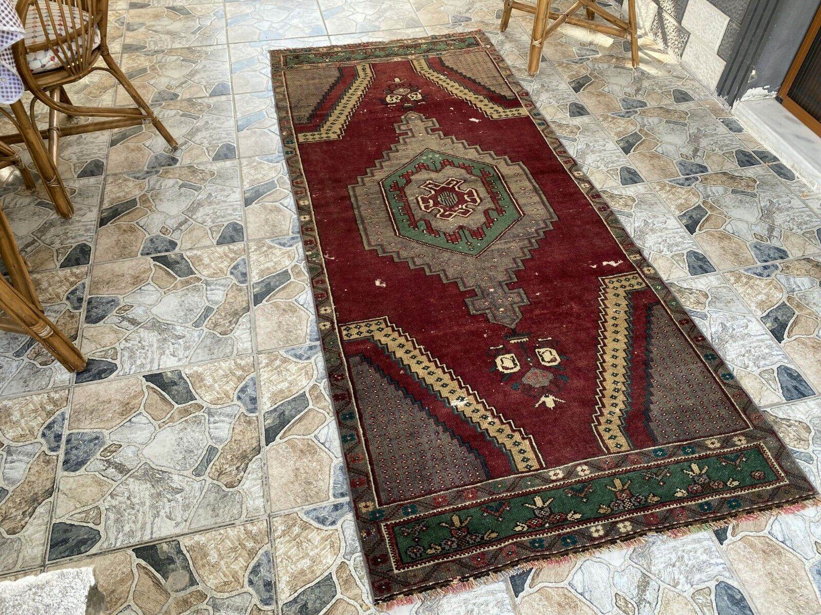 Vintage Turkish Rug | Burgundy Handmade Wool Geometric Antique Anatolian 3.2x7.7