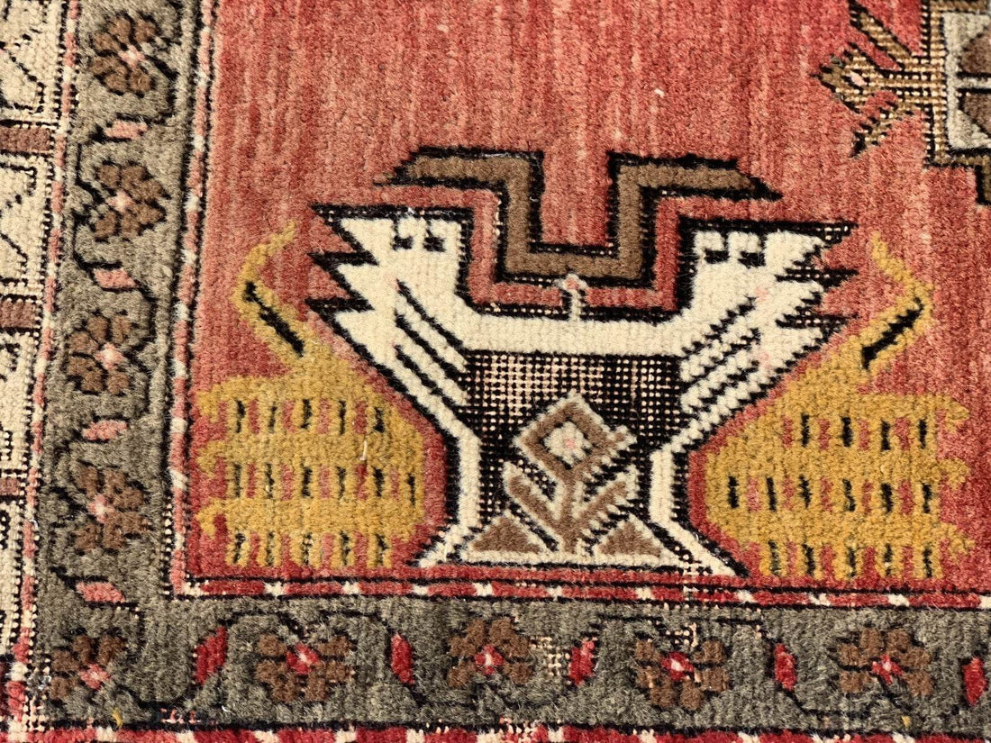 Turkish Vintage Small Oushak Rug, Wool Farmhouse Handmade Geometric Rug, 1.7x3.4