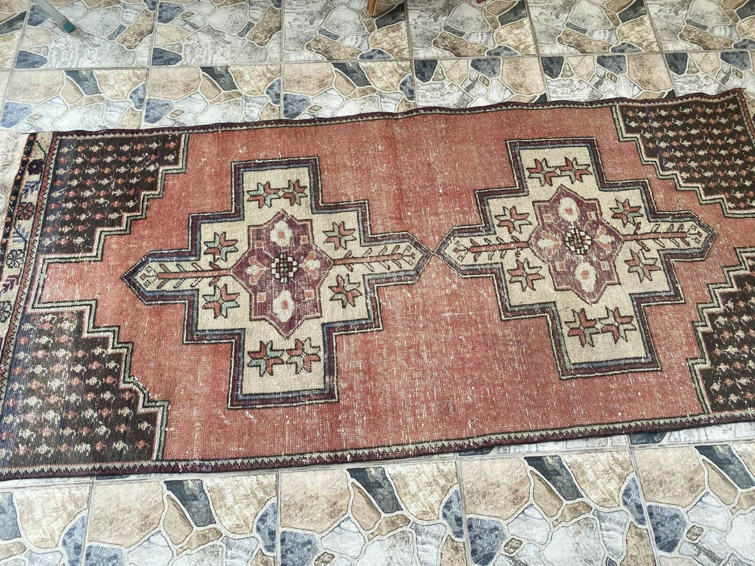 Geometric Turkish Vintage Rug,Farmhouse Vintage Anatolian Village Rug 3.6x7.8 ft