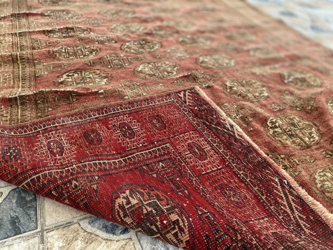 VINTAGE RUG HAND-KNOTTED Afghan Style BUKHARA handmade wool RED antique farmhouse rug
