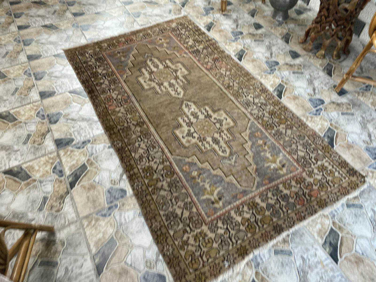 Vintage Turkish Wool Rug Hand-Knotted Antique Geometric Oushak Tribal Area 3x6