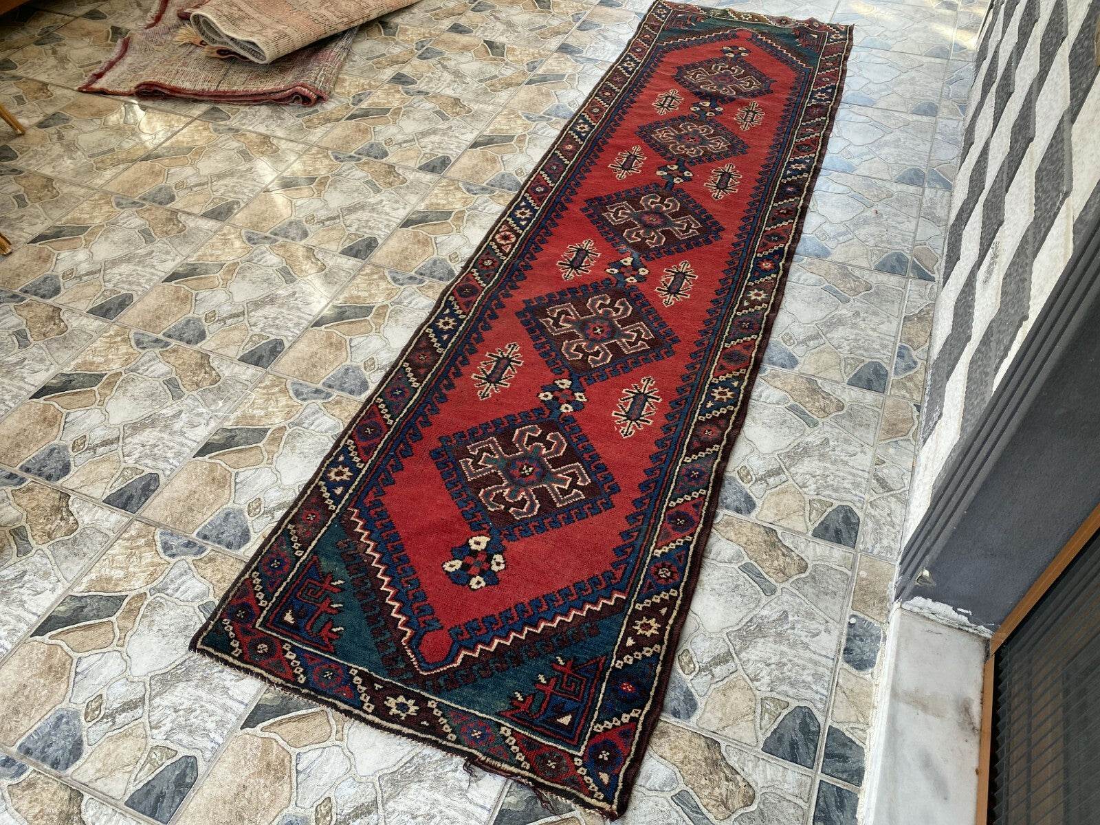 Geometric Turkish Vintage Rug,Farmhouse Handmade Anatolian Village Rug 2.6x9.8Ft