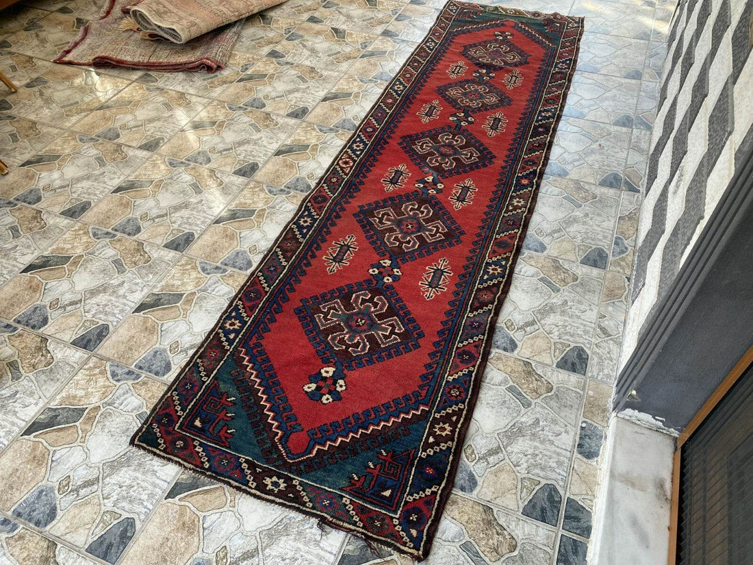 Geometric Turkish Vintage Rug,Farmhouse Handmade Anatolian Village Rug 2.6x9.8Ft