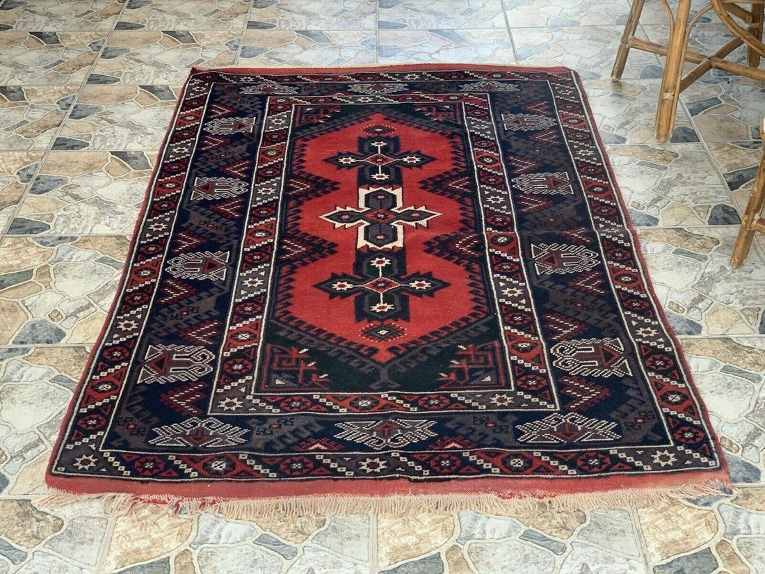 Vintage Turkish Rug | Antique Tribal Handmade Wool Farmhouse Carpet 4 x 6.14 ft