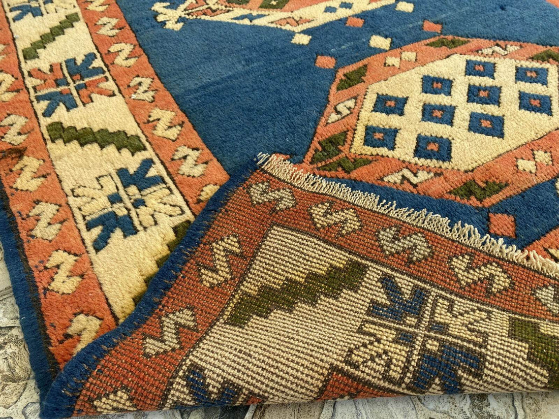 Vintage Turkish Kurdish Wool Rug | Hand-Knotted Tribal Blue Area Carpet 4x6ft