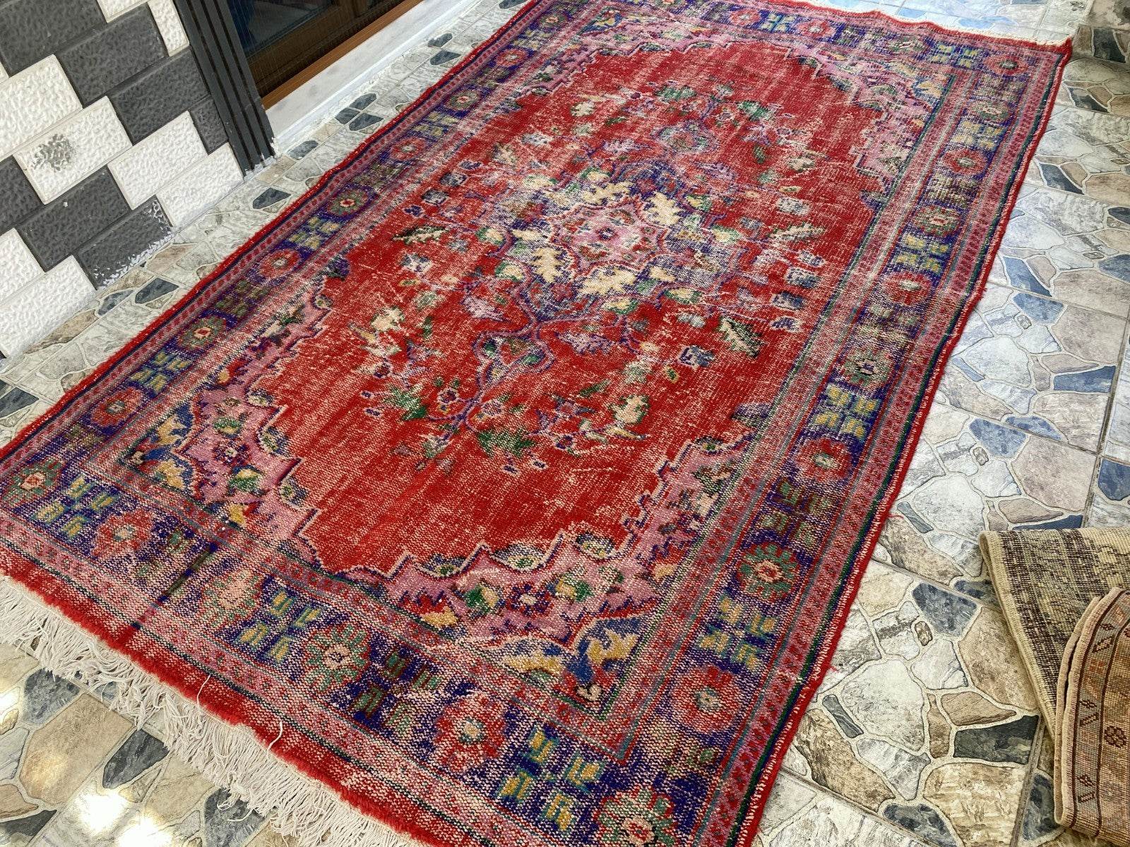 Vintage Hand-Knotted Wool Rug | 6.0 x 9.8 ft Anatolian Area Carpet Faded Tribal