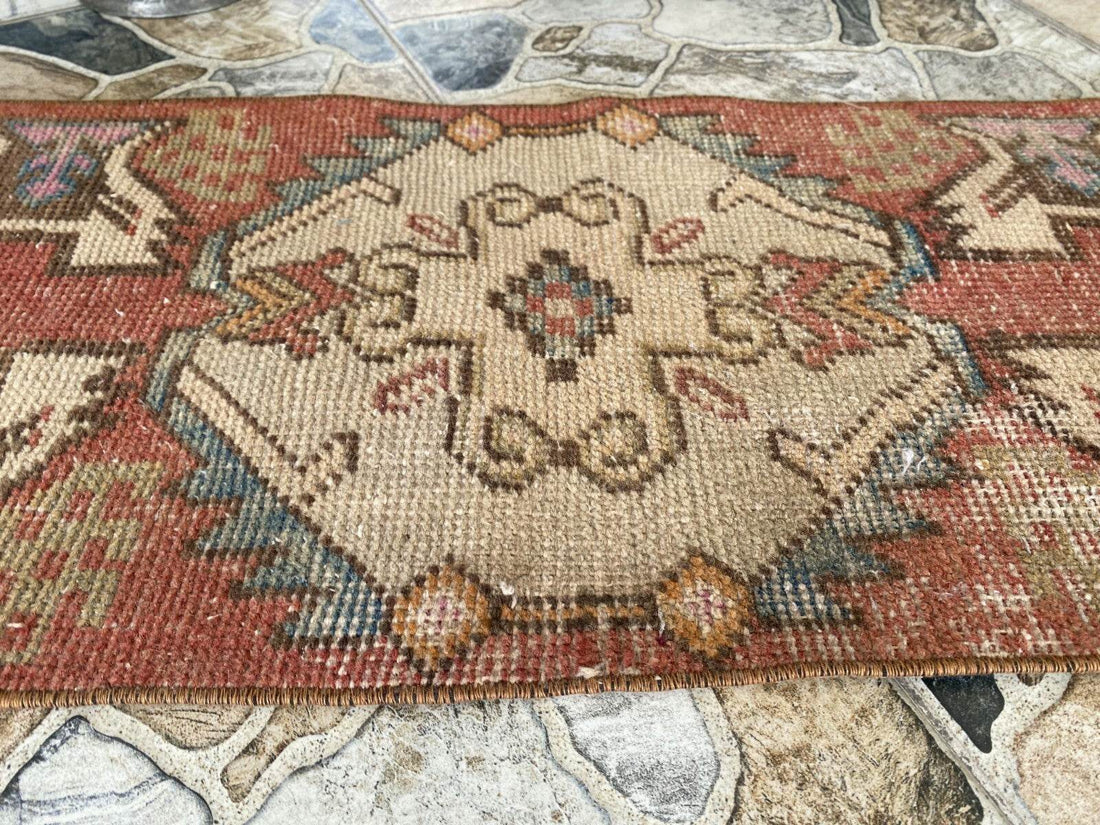 Vintage Turkish Wool Rug, Hand-Knotted Antique Geometric Oushak Small Runner 1x3