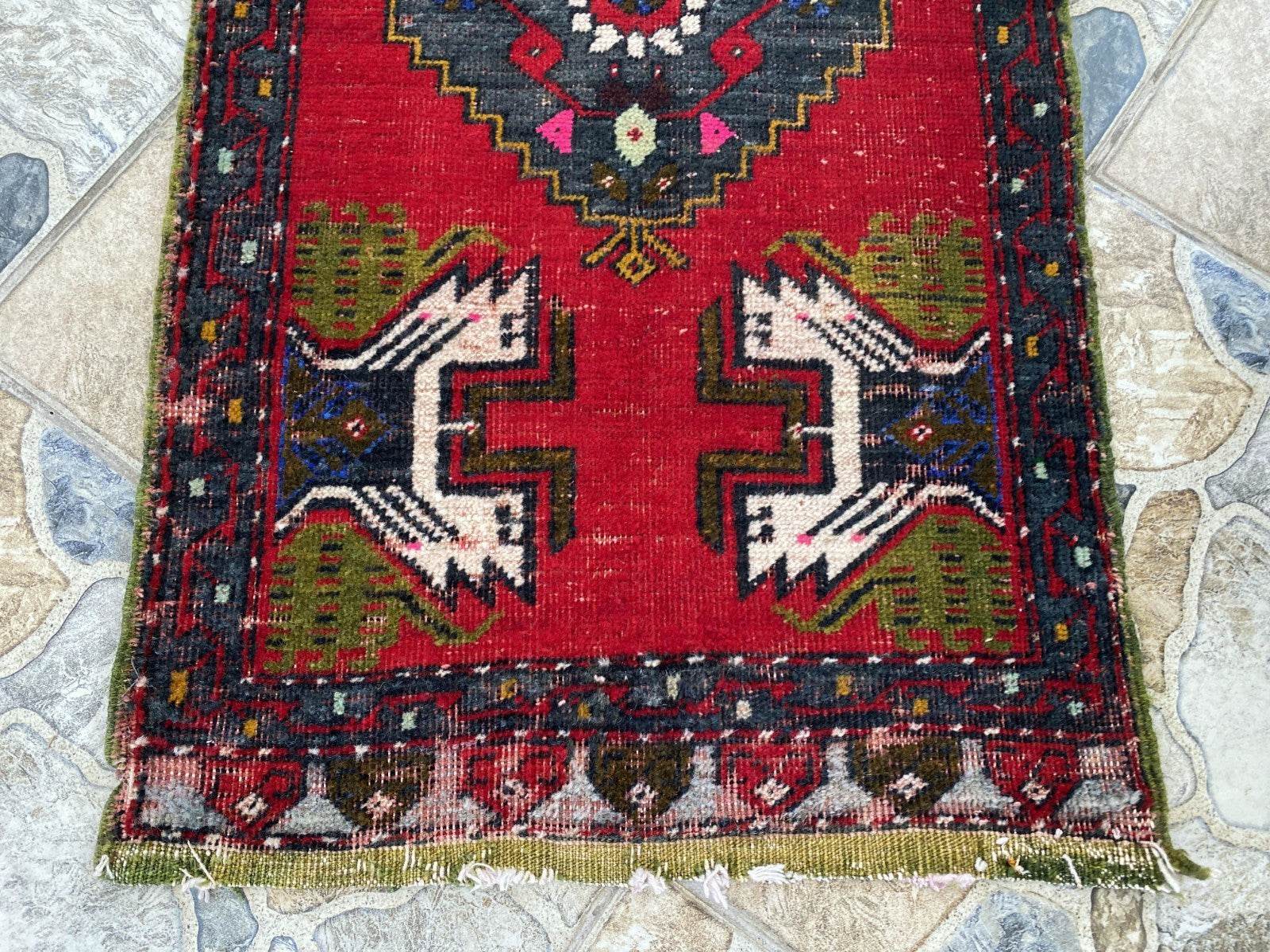 Vintage Turkish Wool Rug, Hand-Knotted Antique Geometric Oushak Small Runner 1x3