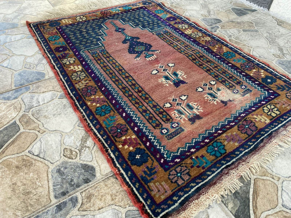 Vintage Turkish Oushak Rug, 2 x 3 ft Pink Handmade Wool Antique Tribal Small Rug