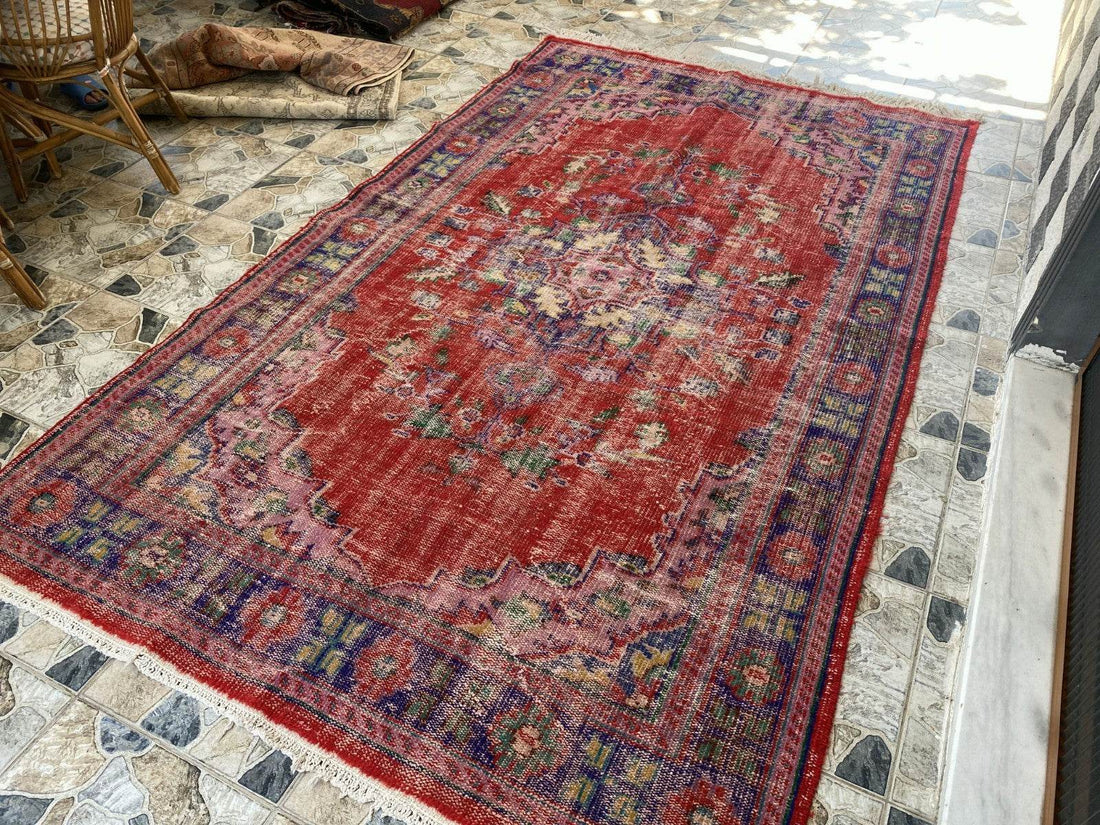 Vintage Hand-Knotted Wool Rug | 6.0 x 9.8 ft Anatolian Area Carpet Faded Tribal