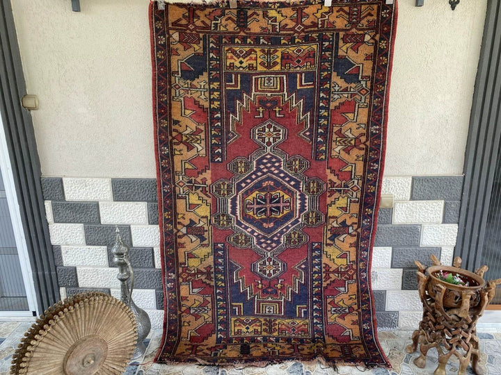 Vintage Turkish Anatolian Rug | 4 x 6.6 ft | Handknotted Geometric Wool Carpet